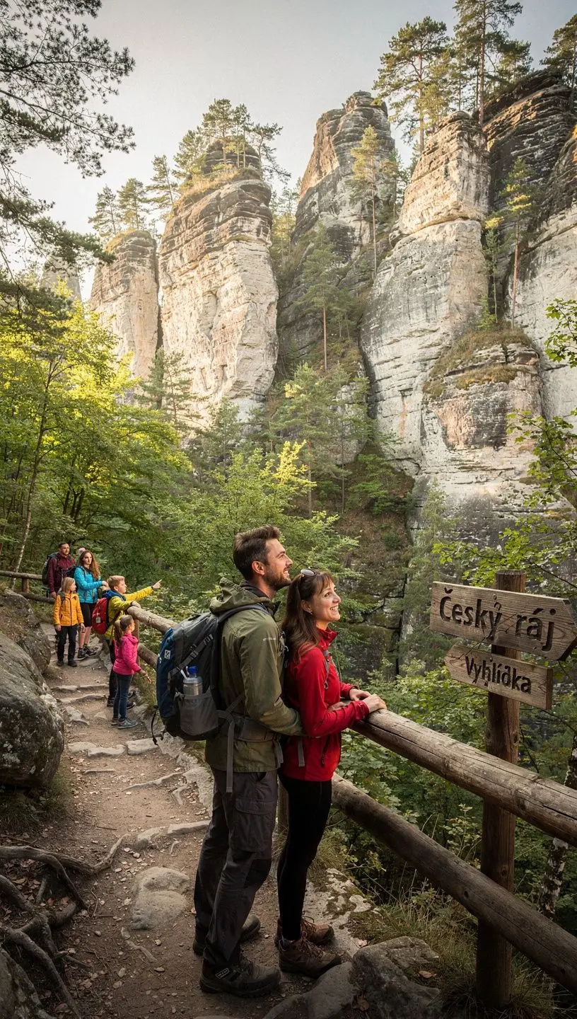 Pohled na majestátní hrad Karlštejn obklopený zelenými lesy a modrou oblohou.