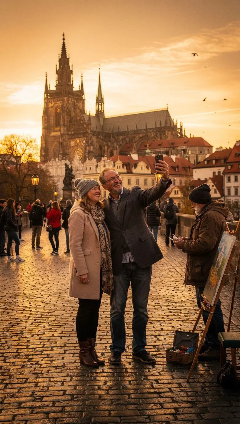 Západ slunce nad malebným zámkem Český Krumlov, odrážející se v řece Vltavě.